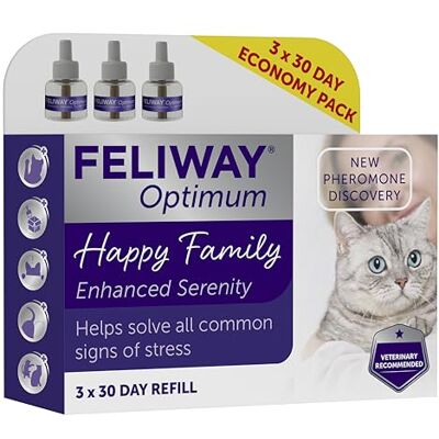 Feliway Optimum 3x30 Day Cat Calming Odourless Refills for Pheromone Diffuser, 3x48ml Value Pack Helps Solve Signs of Stress in Cats & Kittens, Veterinary Recommended, Drug-free, Clinically Proven Feliway Optimum 3x30 Day Cat Calming Odourless Refills for Pheromone Diffuser, 3x48ml Value Pack Helps Solve Signs of Stress in Cats & Kittens, Veterinary Recommended, Drug-free, Clinically Proven
