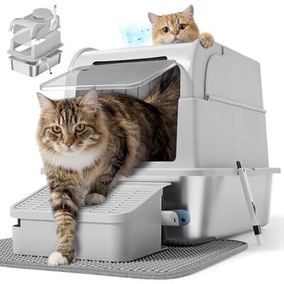Feandrea Stainless Steel Cat Litter Box with Flip Lid, Enclosed Cat Litter Tray with 2 Entrances, Scoop, Brush, for Cats up to 15 kg, Light Grey PPT021G101 Feandrea Stainless Steel Cat Litter Box with Flip Lid, Enclosed Cat Litter Tray with 2 Entrances, Scoop, Brush, for Cats up to 15 kg, Light Grey PPT021G101