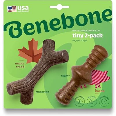 Benebone Tiny 2-Pack Maplestick/Zaggler for Aggressive Chewers, Long Lasting Tough Boredom Breaker for Dogs, Real Bacon and Maple Wood Flavour, For Extra Small Dogs, Made in the USA. Benebone Tiny 2-Pack Maplestick/Zaggler for Aggressive Chewers, Long Lasting Tough Boredom Breaker for Dogs, Real Bacon and Maple Wood Flavour, For Extra Small Dogs, Made in the USA.
