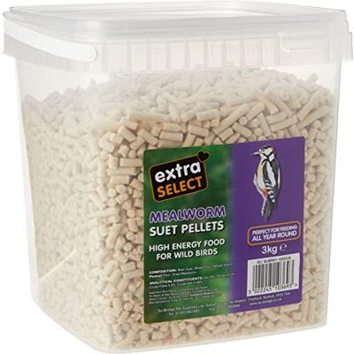 Extra Select Mealworm High Energy Suet Pellets Wild Bird Food Protein, Fat Rich Year-Round Feeding 3 kg Reusable Bucket Extra Select Mealworm High Energy Suet Pellets Wild Bird Food Protein, Fat Rich Year-Round Feeding 3 kg Reusable Bucket