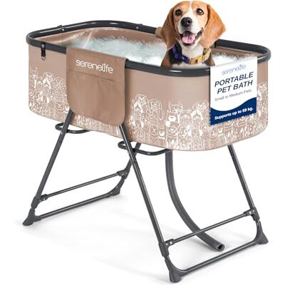 SereneLife Portable Dog Bath Tub, Foldable Grooming Dog Washing Station, Large Puppy Bath with Adjustable Height, Drain Hose & Storage Pockets, 59Kg Capacity for Indoor/Outdoor Use (Brown) SereneLife Portable Dog Bath Tub, Foldable Grooming Dog Washing Station, Large Puppy Bath with Adjustable Height, Drain Hose & Storage Pockets, 59Kg Capacity for Indoor/Outdoor Use (Brown)