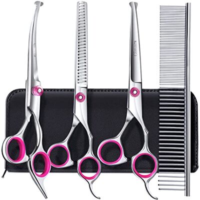 Gimars Dog Grooming Scissors Kit Professional 4CR with Safety Round Tip, 5 in 1 Heavy Duty Titanium Coated Thinning & Curved & Straight Shears Gimars Dog Grooming Scissors Kit Professional 4CR with Safety Round Tip, 5 in 1 Heavy Duty Titanium Coated Thinning & Curved & Straight Shears