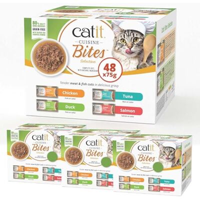 Catit Cuisine Bites, Variety Pack in Gravy, Grain Free Wet Cat Food for Adult Cats, High Meat Tinned Cat Food in Gravy 4 x 12 Pack Catit Cuisine Bites, Variety Pack in Gravy, Grain Free Wet Cat Food for Adult Cats, High Meat Tinned Cat Food in Gravy 4 x 12 Pack
