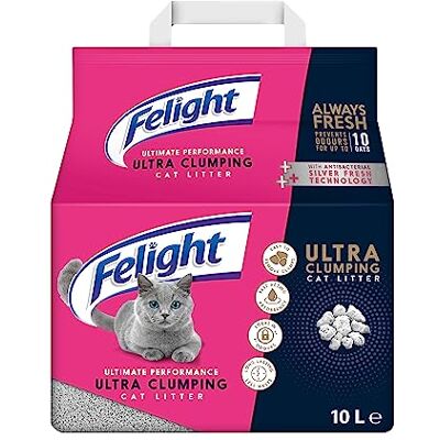 Felight Ultra Clumping Cat Litter (10L Bag) Fast-Acting Absorbency, Easy to Clean, Prevents Odours for up to 10 Days, Made in the UK Felight Ultra Clumping Cat Litter (10L Bag) Fast-Acting Absorbency, Easy to Clean, Prevents Odours for up to 10 Days, Made in the UK