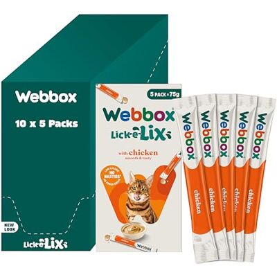 Webbox Lick-e-Lix Cat Treats, Chicken Kitten Friendly, Grain and Gluten Free, No Artificial Preservatives or Colours (10 x 5 Packs) Webbox Lick-e-Lix Cat Treats, Chicken Kitten Friendly, Grain and Gluten Free, No Artificial Preservatives or Colours (10 x 5 Packs)