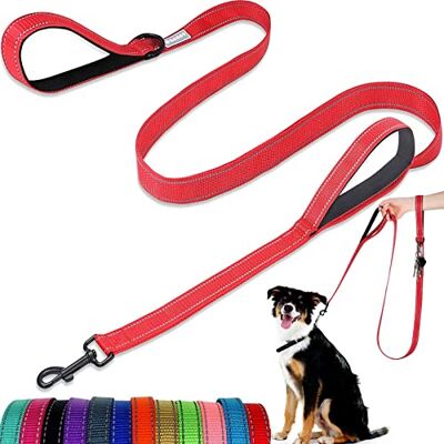 ATETEO Dog Lead With Two Padded Handles, Two Dog Leads Modes,Double-Sided Reflective Nylon Dog Leash for Training&Walking Perfect for Medium &Large Dogs Red ATETEO Dog Lead With Two Padded Handles, Two Dog Leads Modes,Double-Sided Reflective Nylon Dog Leash for Training&Walking Perfect for Medium &Large Dogs Red