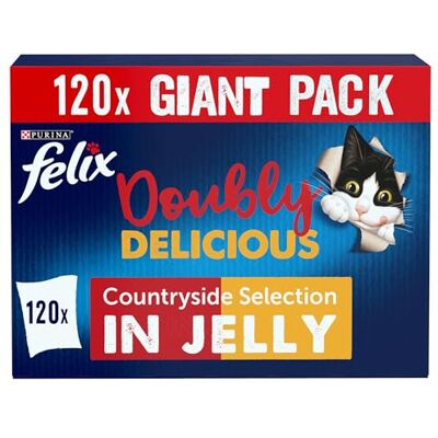 Felix Doubly Delicious Adult Wet Cat Food Countryside Selection in Jelly Beef, Poultry, Chicken, Kidney, Lamb, Turkey, Liver 120 x 85g Pouches Felix Doubly Delicious Adult Wet Cat Food Countryside Selection in Jelly Beef, Poultry, Chicken, Kidney, Lamb, Turkey, Liver 120 x 85g Pouches