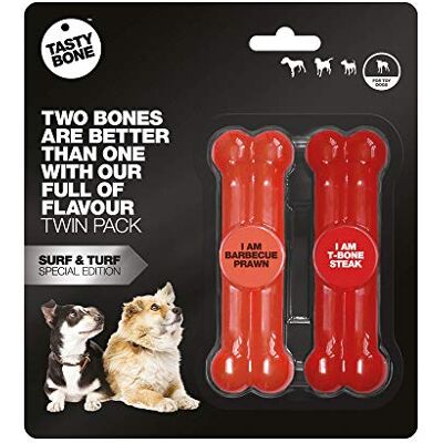 Tasty Bone TastyBone Twin Pack Nylon Dog Chew Toys for Toy Dogs (BBQ Prawn & T-Bone Steak) Indestructible for Aggressive Chewers, Everlasting Flavour, Strong Healthy Teeth, Made in the UK Tasty Bone TastyBone Twin Pack Nylon Dog Chew Toys for Toy Dogs (BBQ Prawn & T-Bone Steak) Indestructible for Aggressive Chewers, Everlasting Flavour, Strong Healthy Teeth, Made in the UK