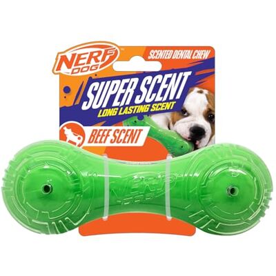 Nerf Dog Super Scent Barbell with Beef Scent, 7-Inch Durable Rubber Fetch Toy for Dogs, Green/Clear Nerf Dog Super Scent Barbell with Beef Scent, 7-Inch Durable Rubber Fetch Toy for Dogs, Green/Clear