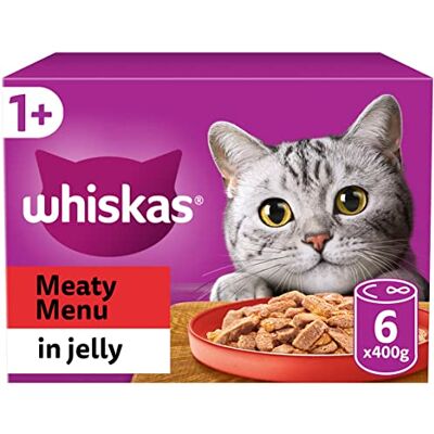 whiskas 1+ Meaty Selection in Jelly 6 x 400 g Cans, Adult Cat Wet Food, Pack of 4 whiskas 1+ Meaty Selection in Jelly 6 x 400 g Cans, Adult Cat Wet Food, Pack of 4