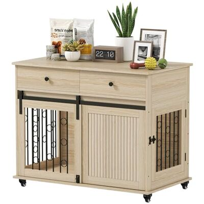 PawHut Dog Crate Furniture, Dog Cage w/Wheels, 2 Drawers, Sliding Door, Oak PawHut Dog Crate Furniture, Dog Cage w/Wheels, 2 Drawers, Sliding Door, Oak