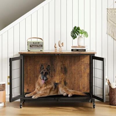 GarveeHome Robust Wooden Dog Box for Small & Medium Dogs up to 30 kg Lockable Wheels, Removable Base Tray, Grid Base, Can Be Used as Furniture & Side Table, Chew Resistant, 95 x 55.9 x 65 cm GarveeHome Robust Wooden Dog Box for Small & Medium Dogs up to 30 kg Lockable Wheels, Removable Base Tray, Grid Base, Can Be Used as Furniture & Side Table, Chew Resistant, 95 x 55.9 x 65 cm