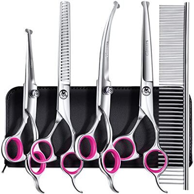 Gimars 4CR Stainless Steel Safety Round Tip 6 in 1 Professional Dog Grooming Scissors Kit, Heavy Duty Titanium Coated Straight & Thinning & Curved Shears & Comb Set for Dog & Cat Grooming, Pink Gimars 4CR Stainless Steel Safety Round Tip 6 in 1 Professional Dog Grooming Scissors Kit, Heavy Duty Titanium Coated Straight & Thinning & Curved Shears & Comb Set for Dog & Cat Grooming, Pink