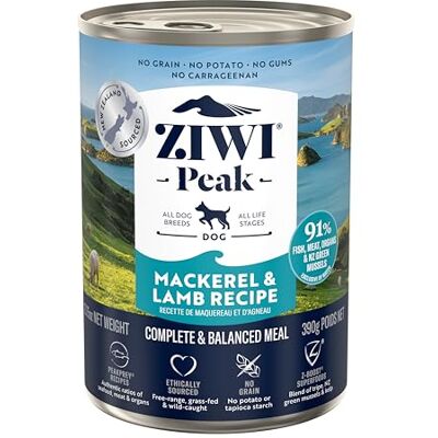 ZIWI Peak Wet Dog Food Tins Complete Grain Free Dog Wet Food Pate Puppy/Adult/Senior New Zealand Mackerel & Lamb Recipe 12x 390g Multipack ZIWI Peak Wet Dog Food Tins Complete Grain Free Dog Wet Food Pate Puppy/Adult/Senior New Zealand Mackerel & Lamb Recipe 12x 390g Multipack