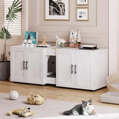 GarveeHome Cat Litter Tray House with 2 Cabinets, Cat Cabinet with Passage and Ventilation Holes, Cat Litter Tray Furniture with Metal Handles, for Living Room, 140 x 45 x 57 cm, White GarveeHome Cat Litter Tray House with 2 Cabinets, Cat Cabinet with Passage and Ventilation Holes, Cat Litter Tray Furniture with Metal Handles, for Living Room, 140 x 45 x 57 cm, White