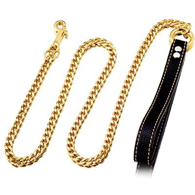 W/W Lifetime Chain Dog Leash Metal Chew Proof, Leather Handle 11mm Gold 18K, 4.5FT Heavy Duty Pet Leash Chain with Padded Handle for Large, Medium, Small Dogs W/W Lifetime Chain Dog Leash Metal Chew Proof, Leather Handle 11mm Gold 18K, 4.5FT Heavy Duty Pet Leash Chain with Padded Handle for Large, Medium, Small Dogs