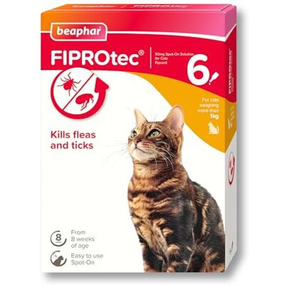 Beaphar FIPROtec Spot-On Flea & Tick Treatment for Cats 6 Pipettes Kills Fleas & Ticks Veterinary Medicine – Easy to Apply Monthly For Cats & Kittens from 8 Weeks Old, Weighing Over 1kg Beaphar FIPROtec Spot-On Flea & Tick Treatment for Cats 6 Pipettes Kills Fleas & Ticks Veterinary Medicine – Easy to Apply Monthly For Cats & Kittens from 8 Weeks Old, Weighing Over 1kg