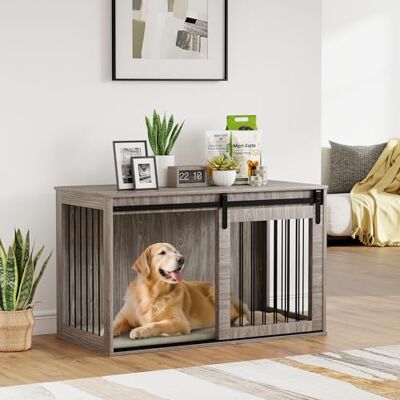 PawHut Dog Crate Furniture, Heavy Duty Dog Cage with Barn Door for Extra Large Breeds, End Side Table Pet Kennel with Removable Cushion for Indoor Use, 118 x 60 x 73 cm, Walnut Brown PawHut Dog Crate Furniture, Heavy Duty Dog Cage with Barn Door for Extra Large Breeds, End Side Table Pet Kennel with Removable Cushion for Indoor Use, 118 x 60 x 73 cm, Walnut Brown