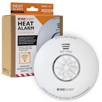 Firechief Heat Alarm with Wireless Interlink 10 Year Sealed Battery Kitemark Certified to BS EN 14604 Wirelessly Interlink with CO Alarms for Home Complies Scottish Regulation FHB10W Model Firechief Heat Alarm with Wireless Interlink 10 Year Sealed Battery Kitemark Certified to BS EN 14604 Wirelessly Interlink with CO Alarms for Home Complies Scottish Regulation FHB10W Model