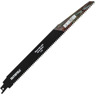 Faithfull Demolition Carbide Sabre Saw Blade – 6 TPI Long Straight-Cut Blade, Compatible with S-Shank Reciprocating Saws for Wood with Nails, Plastic, Non-Ferrous Metals & Composites – 304mm (12 in) Faithfull Demolition Carbide Sabre Saw Blade – 6 TPI Long Straight-Cut Blade, Compatible with S-Shank Reciprocating Saws for Wood with Nails, Plastic, Non-Ferrous Metals & Composites – 304mm (12 in)