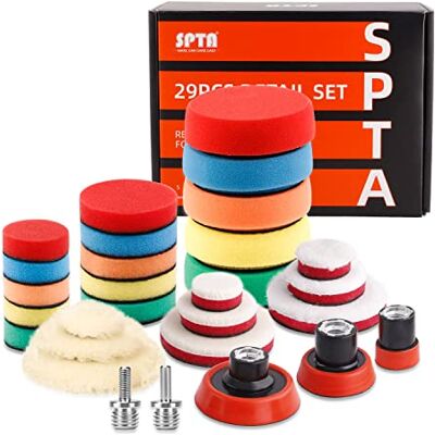 SPTA 29pcs 25mm/50mm/80mm Polishing Pads Drill Buffing Pad Detail Polishing Pad Compound Kit with M14 Thread Backing pad & Adapters for Car Sanding, Polishing, Waxing, Sealing Glaze SPTA 29pcs 25mm/50mm/80mm Polishing Pads Drill Buffing Pad Detail Polishing Pad Compound Kit with M14 Thread Backing pad & Adapters for Car Sanding, Polishing, Waxing, Sealing Glaze