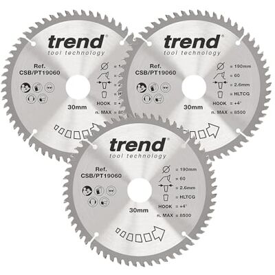 Trend Laminate/HPL Circular Saw Blade, 190mm Diameter, 30mm Bore, 60 Teeth, 2.6mm Kerf, +4° Hook, TCT, Super Fine Finish, 3 Pack, CSB/PT190/3PK Trend Laminate/HPL Circular Saw Blade, 190mm Diameter, 30mm Bore, 60 Teeth, 2.6mm Kerf, +4° Hook, TCT, Super Fine Finish, 3 Pack, CSB/PT190/3PK