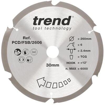 Trend PCD Fibre Cement Circular Saw Blade, 260mm, 30mm Bore, 6 Teeth Trend PCD Fibre Cement Circular Saw Blade, 260mm, 30mm Bore, 6 Teeth
