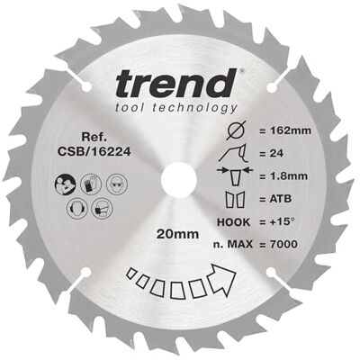 Trend Wood Cordless Circular Saw Blade, 162mm Diameter, 20mm Bore, 24 Teeth, 1.8mm Kerf, +15° Hook, TCT, Medium Finish, CSB/16224 Trend Wood Cordless Circular Saw Blade, 162mm Diameter, 20mm Bore, 24 Teeth, 1.8mm Kerf, +15° Hook, TCT, Medium Finish, CSB/16224