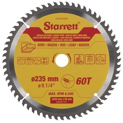 Starrett 235mm TCT Circular Saw Blade for Wood, 60-Tooth, 16/19/25mm Bore Starrett 235mm TCT Circular Saw Blade for Wood, 60-Tooth, 16/19/25mm Bore