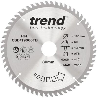 Trend Wood Cordless Circular Saw Blade, 190mm Diameter, 30mm Bore, 60 Teeth, 1.5mm Kerf, +10° Hook, TCT, Extra-Fine Finish, CSB/19060TB Trend Wood Cordless Circular Saw Blade, 190mm Diameter, 30mm Bore, 60 Teeth, 1.5mm Kerf, +10° Hook, TCT, Extra-Fine Finish, CSB/19060TB