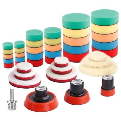 SPTA Polishing Pads for Drill, 36PCS 25mm/50mm/80mm Polishing Sponge Wool Buffing Pads Set for Car Polishers Polishing Machine with 1pcs M14 Drill Adapter for Polishing, Sanding, Waxing SPTA Polishing Pads for Drill, 36PCS 25mm/50mm/80mm Polishing Sponge Wool Buffing Pads Set for Car Polishers Polishing Machine with 1pcs M14 Drill Adapter for Polishing, Sanding, Waxing