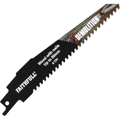 Faithfull Demolition Carbide Sabre Saw Blade – 6 TPI Compact Straight-Cut Blade, Compatible with S-Shank Reciprocating Saws for Wood with Nails, Plastic, Non-Ferrous Metals & Composites – 152mm (6 in) Faithfull Demolition Carbide Sabre Saw Blade – 6 TPI Compact Straight-Cut Blade, Compatible with S-Shank Reciprocating Saws for Wood with Nails, Plastic, Non-Ferrous Metals & Composites – 152mm (6 in)