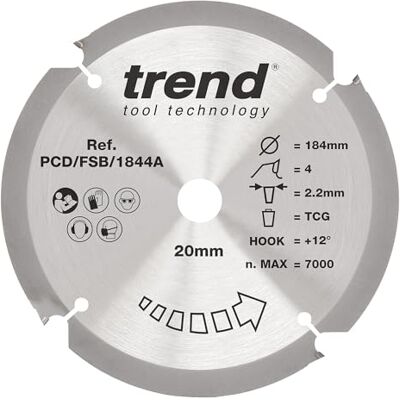 Trend PCD Fibre Cement Circular Saw Blade, 184mm Diameter, 20mm Bore, 4 Teeth, 2.2mm Kerf, +12° Hook, PCD, Coarse Finish, PCD/FSB/1844A Trend PCD Fibre Cement Circular Saw Blade, 184mm Diameter, 20mm Bore, 4 Teeth, 2.2mm Kerf, +12° Hook, PCD, Coarse Finish, PCD/FSB/1844A