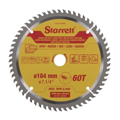 Starrett 184mm TCT Circular Saw Blade for Wood, 60-Tooth, 16/20mm Bore Starrett 184mm TCT Circular Saw Blade for Wood, 60-Tooth, 16/20mm Bore