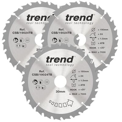 Trend Wood Cordless Circular Saw Blade, 190mm Diameter, 30mm Bore, 24 Teeth, 1.5mm Kerf, 20° Hook, TCT, Coarse Finish, 3 Pack, CSB/190/3PK/A Trend Wood Cordless Circular Saw Blade, 190mm Diameter, 30mm Bore, 24 Teeth, 1.5mm Kerf, 20° Hook, TCT, Coarse Finish, 3 Pack, CSB/190/3PK/A