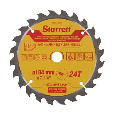 Starrett 184mm TCT Circular Saw Blade for Wood, 24-Tooth, 16/20mm Bore Starrett 184mm TCT Circular Saw Blade for Wood, 24-Tooth, 16/20mm Bore