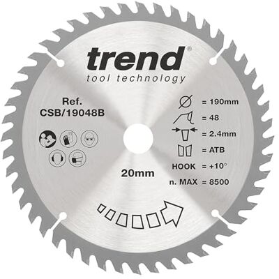 Trend Wood Circular Saw Blade, 190mm Diameter, 20mm Bore, 48 Teeth, 2.4mm Kerf, +10° Hook, TCT, Fine Finish, CSB/19048B Trend Wood Circular Saw Blade, 190mm Diameter, 20mm Bore, 48 Teeth, 2.4mm Kerf, +10° Hook, TCT, Fine Finish, CSB/19048B