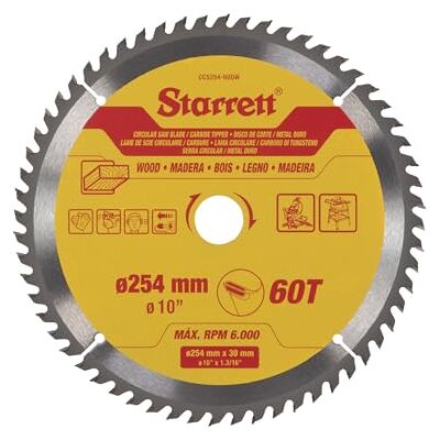 Starrett 254mm TCT Circular Saw Blade for Wood, 60-Tooth, 16/19/25/30mm Bore Starrett 254mm TCT Circular Saw Blade for Wood, 60-Tooth, 16/19/25/30mm Bore