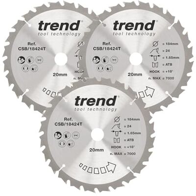 Trend Wood Cordless Circular Saw Blade, 184mm Diameter, 20mm Bore, 24 Teeth, 1.65mm Kerf, 18° Hook, TCT, Coarse Finish, 3 Pack, CSB/184/3PK/B Trend Wood Cordless Circular Saw Blade, 184mm Diameter, 20mm Bore, 24 Teeth, 1.65mm Kerf, 18° Hook, TCT, Coarse Finish, 3 Pack, CSB/184/3PK/B