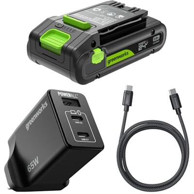 Greenworks 24V 2Ah High Power USB-C Battery & 65W USB-C Charger & 100W cable, Li-Ion Battery Suitable for all 200+ 24V devices, 2-year warranty K2S2BEA Greenworks 24V 2Ah High Power USB-C Battery & 65W USB-C Charger & 100W cable, Li-Ion Battery Suitable for all 200+ 24V devices, 2-year warranty K2S2BEA