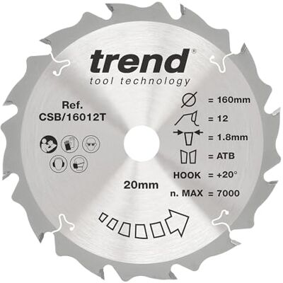 Trend Wood Cordless Circular Saw Blade, 160mm Diameter, 20mm Bore, 12 Teeth, 1.8mm Kerf, +20° Hook, TCT, Coarse Finish, CSB/16012T Trend Wood Cordless Circular Saw Blade, 160mm Diameter, 20mm Bore, 12 Teeth, 1.8mm Kerf, +20° Hook, TCT, Coarse Finish, CSB/16012T
