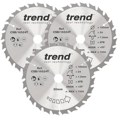 Trend Wood Cordless Circular Saw Blade, 165mm Diameter, 20mm Bore, 24 Teeth, 1.5mm Kerf, 20° Hook, TCT, Medium Finish, 3 Pack, CSB/165/3PK/D Trend Wood Cordless Circular Saw Blade, 165mm Diameter, 20mm Bore, 24 Teeth, 1.5mm Kerf, 20° Hook, TCT, Medium Finish, 3 Pack, CSB/165/3PK/D