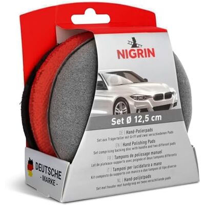 Nigrin 3 Piece Hand Polishing Pads for Even Application of Polishes and Waxes with Backing Plate and 2 Polishing Pads Microfiber & Smooth, 12.5cm Diameter Nigrin 3 Piece Hand Polishing Pads for Even Application of Polishes and Waxes with Backing Plate and 2 Polishing Pads Microfiber & Smooth, 12.5cm Diameter