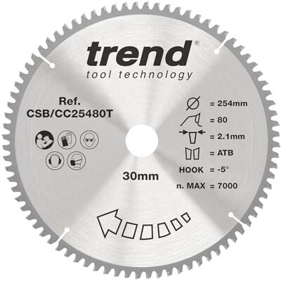Trend Wood Cordless Mitre Saw Blade, 254mm Diameter, 30mm Bore, 80 Teeth, 2.1mm Kerf, -5° Hook, TCT, Extra-Fine Finish, CSB/CC25480T Trend Wood Cordless Mitre Saw Blade, 254mm Diameter, 30mm Bore, 80 Teeth, 2.1mm Kerf, -5° Hook, TCT, Extra-Fine Finish, CSB/CC25480T