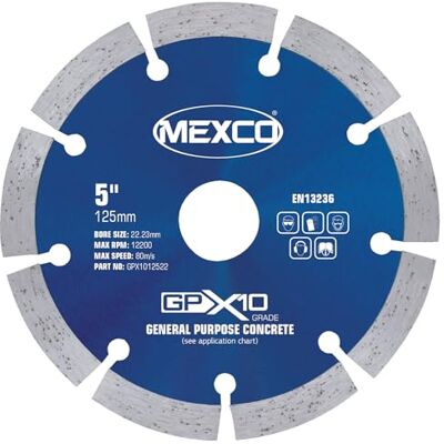 Mexco GPX10 General Purpose Concrete Diamond Blade, Cutting Disc for Non-Abrasive Building Materials 125mm, 10mm Segment Height Mexco GPX10 General Purpose Concrete Diamond Blade, Cutting Disc for Non-Abrasive Building Materials 125mm, 10mm Segment Height