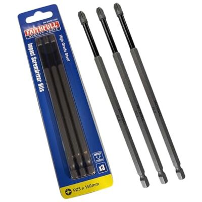 Faithfull Impact Screwdriver Bits – 1/4in Pozi Hexagon Drive Impact Screwdriver Bits, High Grade Steel, Precision Machined Tip 3 Pack of PZ3 x 150mm Faithfull Impact Screwdriver Bits – 1/4in Pozi Hexagon Drive Impact Screwdriver Bits, High Grade Steel, Precision Machined Tip 3 Pack of PZ3 x 150mm
