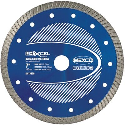Mexco UHX Ultra Hard Materials Diamond Blade, High-Performance, Precision Cutting Disc for Granite, Porcelain, Marble 180mm, 10mm Segment Height, 22.23mm Bore Mexco UHX Ultra Hard Materials Diamond Blade, High-Performance, Precision Cutting Disc for Granite, Porcelain, Marble 180mm, 10mm Segment Height, 22.23mm Bore