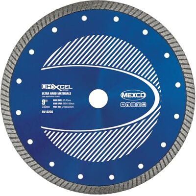 Mexco UHX Ultra Hard Materials Diamond Blade, High-Performance, Precision Cutting Disc for Granite, Porcelain, Marble 230mm, 10mm Segment Height, 25.4mm Bore Mexco UHX Ultra Hard Materials Diamond Blade, High-Performance, Precision Cutting Disc for Granite, Porcelain, Marble 230mm, 10mm Segment Height, 25.4mm Bore