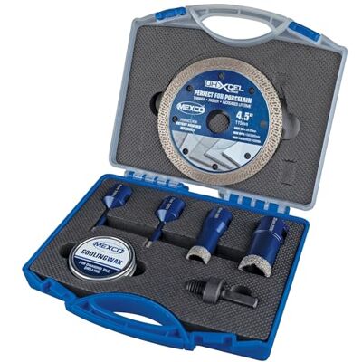 Mexco Diamond Blade and Tile Drill Kit – 6mm, 7mm,18mm and 25mm M14 Wax filled Tile Drill Bits, 115mm Ultra Hard Materials Blade with M14 to Hex Adaptor, Cooling Wax and Carry Case Mexco Diamond Blade and Tile Drill Kit – 6mm, 7mm,18mm and 25mm M14 Wax filled Tile Drill Bits, 115mm Ultra Hard Materials Blade with M14 to Hex Adaptor, Cooling Wax and Carry Case