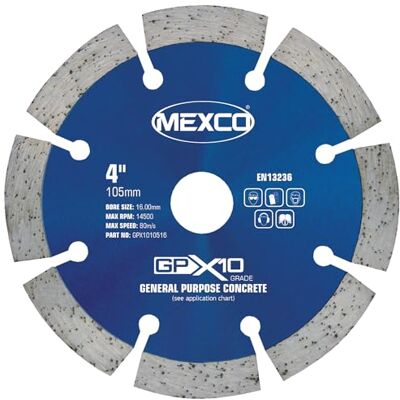 Mexco GPX10 General Purpose Concrete Diamond Blade, Cutting Disc for Non-Abrasive Building Materials 105mm, 10mm Segment Height, 16mm Bore Mexco GPX10 General Purpose Concrete Diamond Blade, Cutting Disc for Non-Abrasive Building Materials 105mm, 10mm Segment Height, 16mm Bore